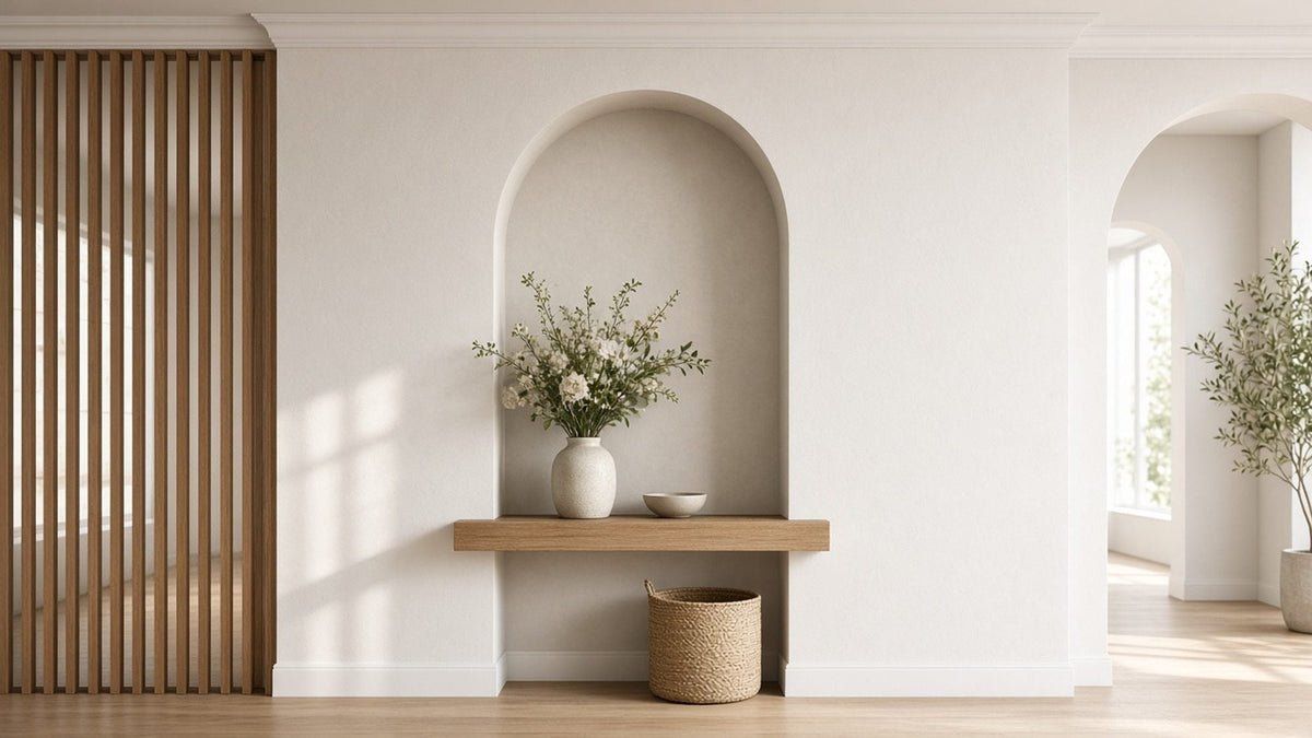 Entryway with wooden slats, an arched niche and a vase of flowers