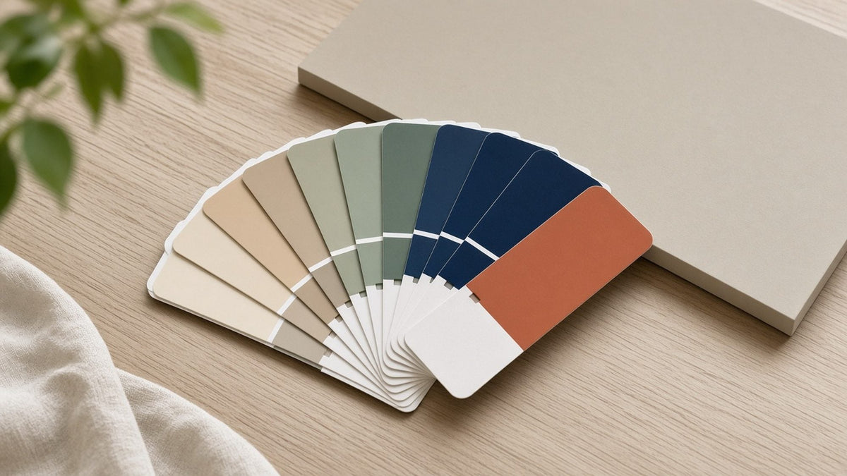 Fan of color swatches in neutrals, sage, navy and terracotta on a wood table