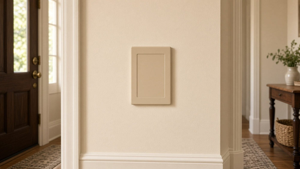 Doorbell chime mounted on an entryway wall beside the front door