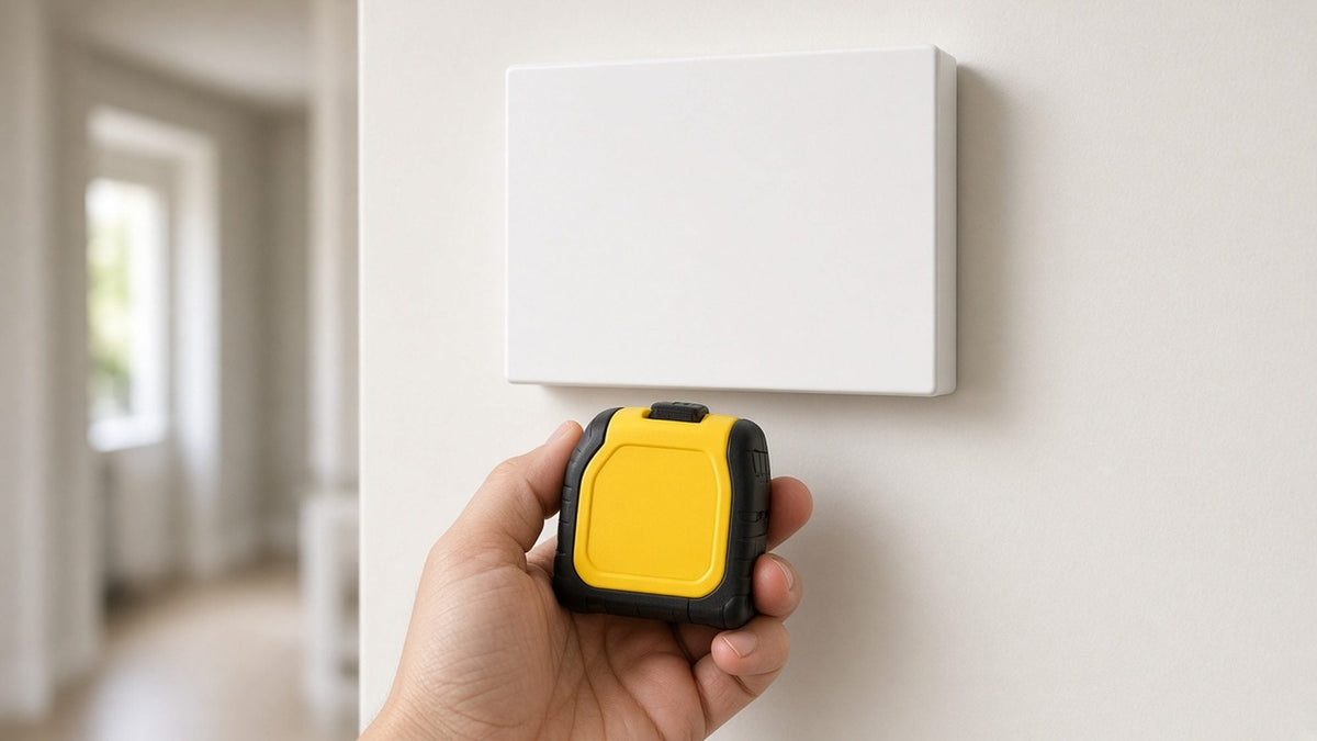 Hand holding a tape measure next to a doorbell chime box on a hallway wall
