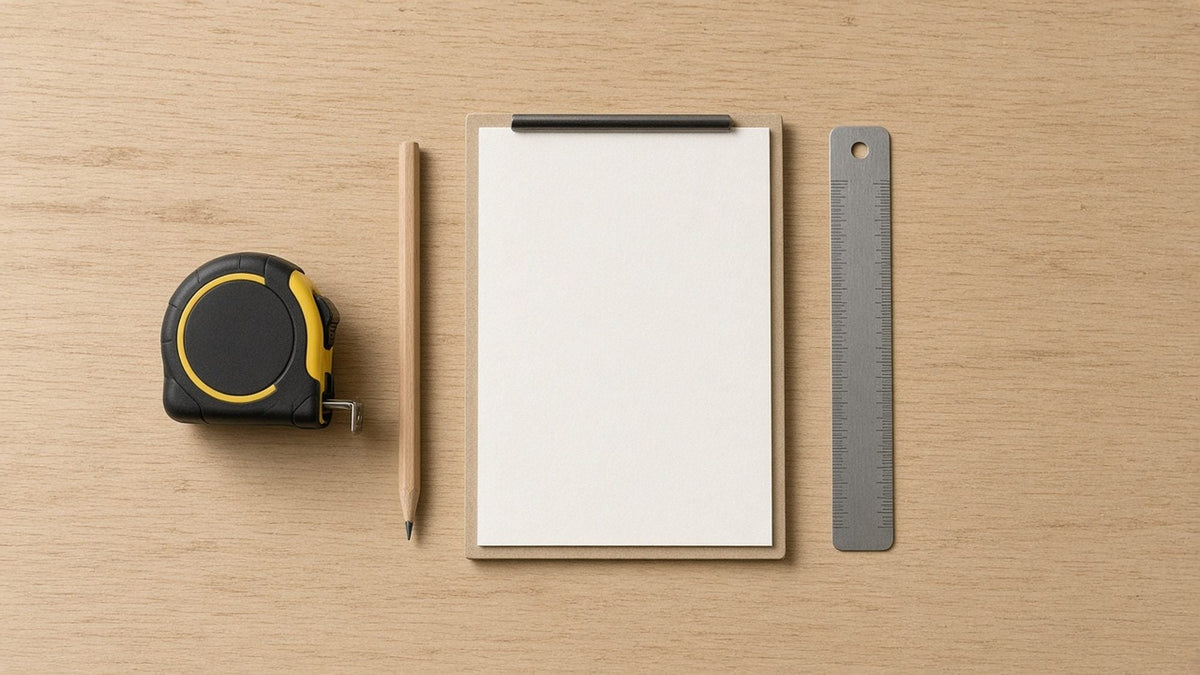 Tape measure, pencil, notepad and steel ruler laid out for measuring
