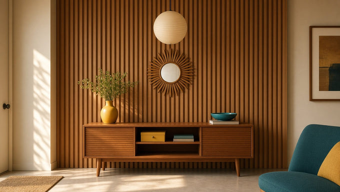 Mid-century modern entryway with walnut slat wall, teak console and sunburst mirror
