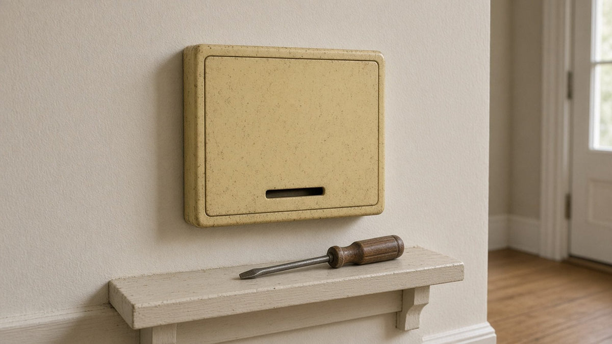 Old yellowed doorbell chime box on a wall with a screwdriver on the shelf below