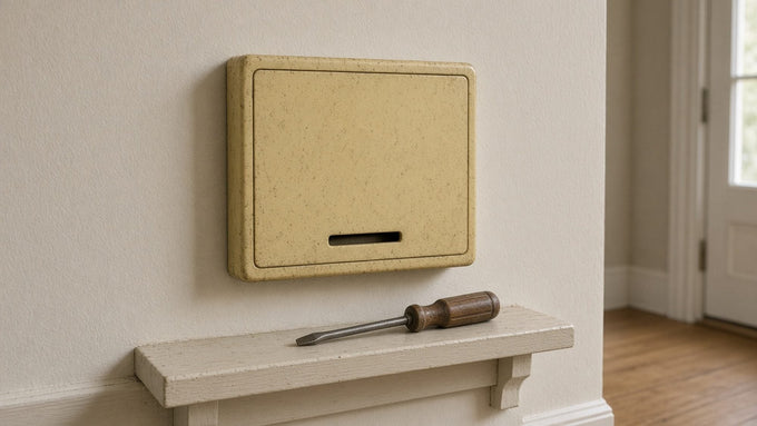 Old yellowed doorbell chime box on a wall with a screwdriver on the shelf below