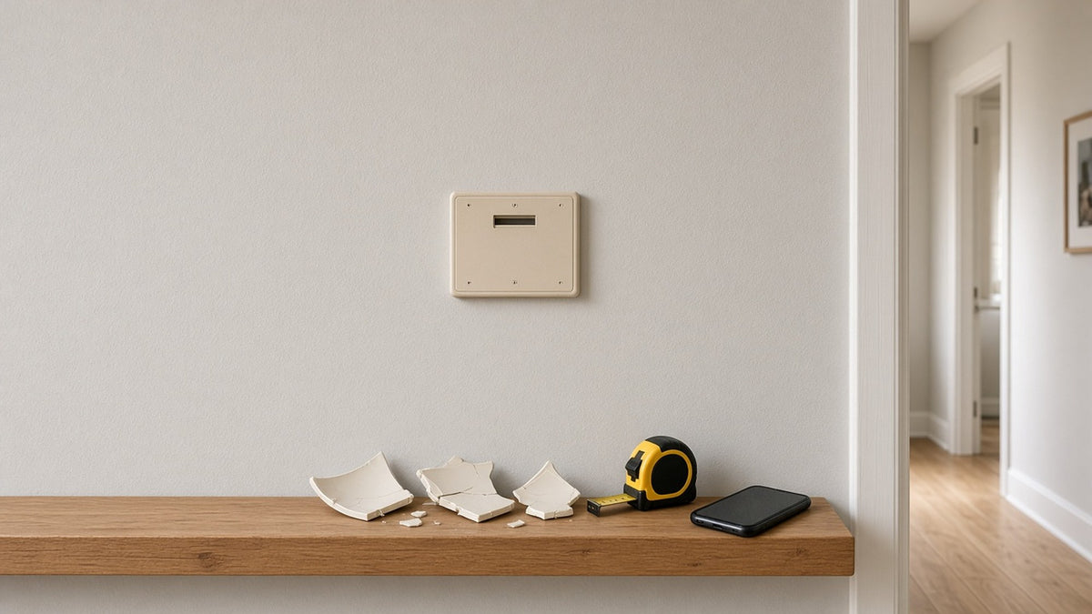 Empty doorbell chime backplate on a hallway wall with pieces of a broken cover, a tape measure and a phone on the shelf below