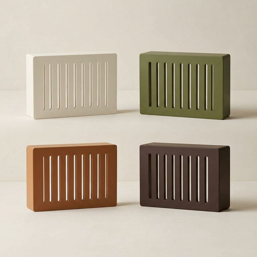 Louver doorbell chime covers in white, green, caramel and dark brown, each with vertical slots