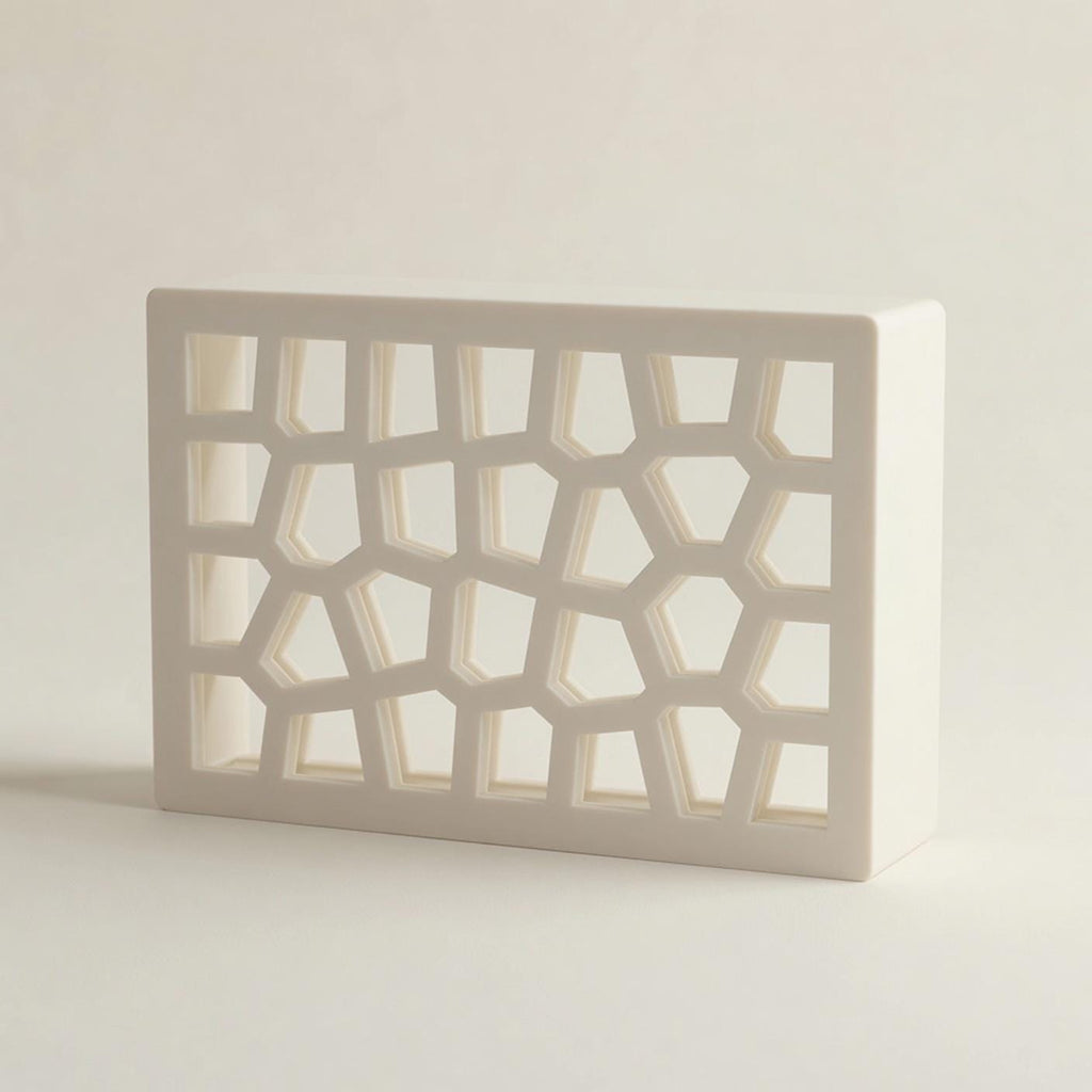 White Voronoi doorbell chime cover at an angle, cell lattice — Iledecor