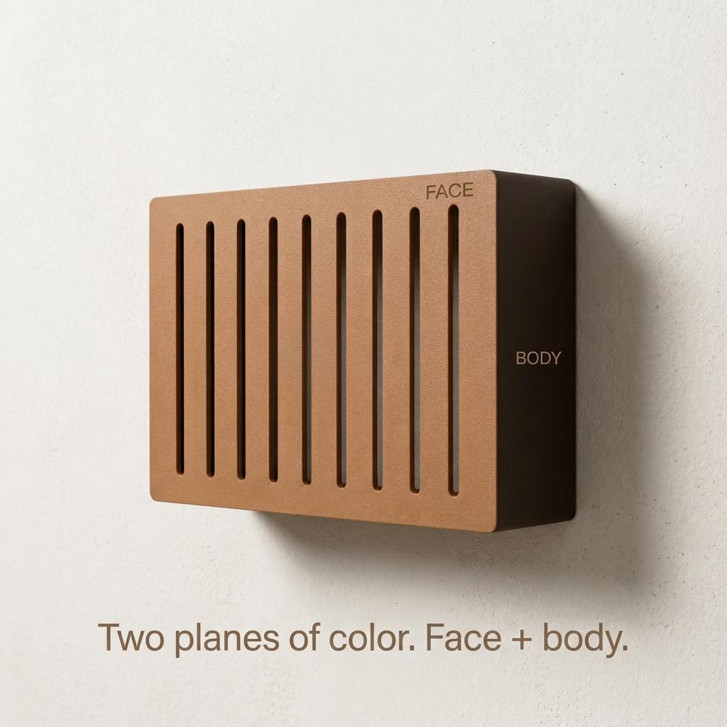 Two-Tone Louver chime cover with a caramel face and dark brown body, labeled Face and Body