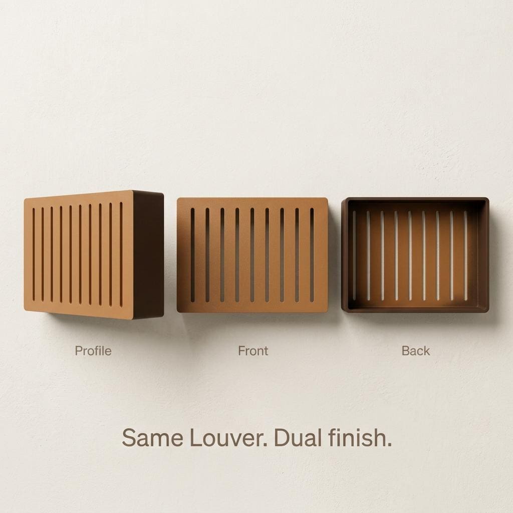 Two-Tone Louver chime cover in caramel and dark brown, shown from the profile, front and back