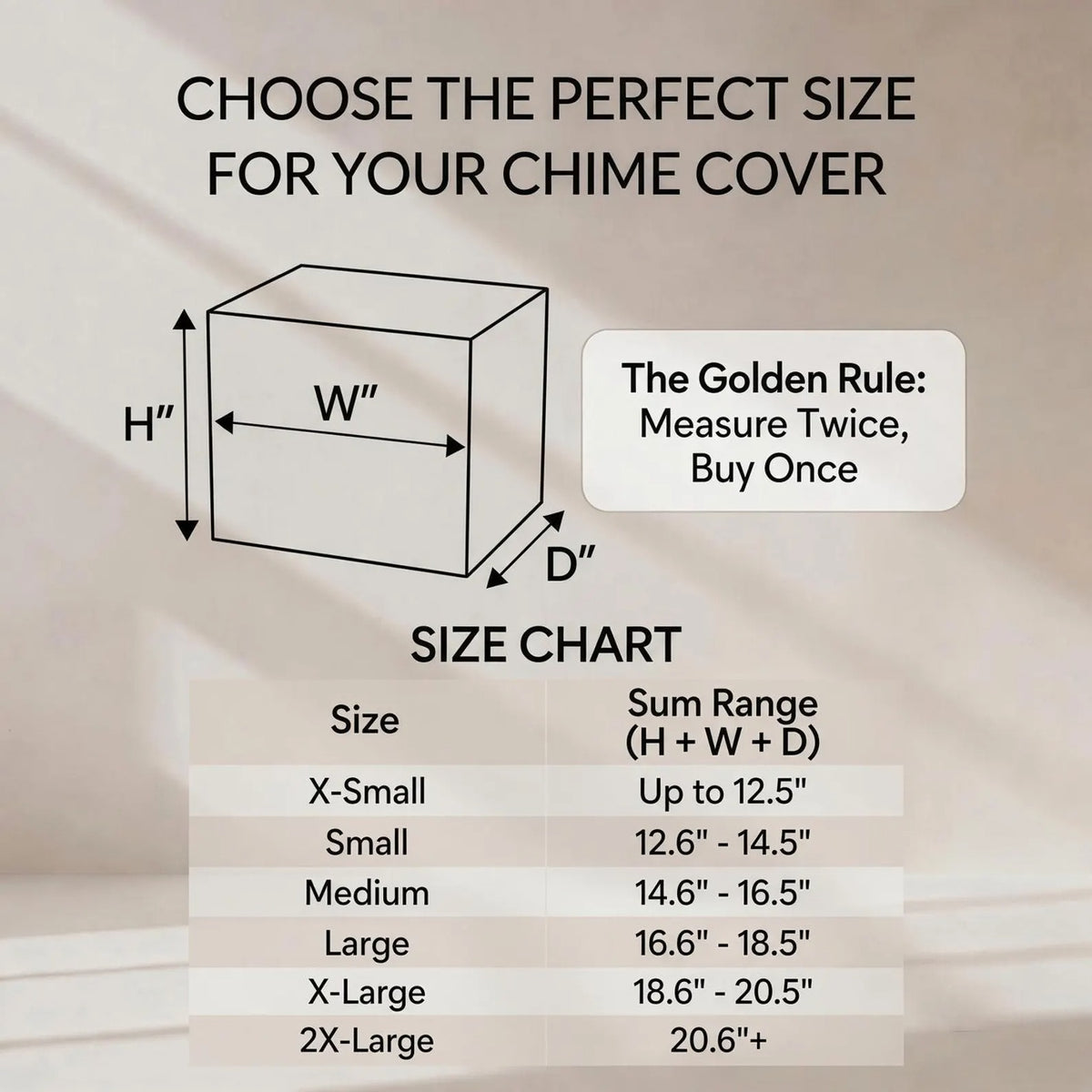 Size chart for chime covers, X-Small to 2X-Large, based on total height + width + depth in inches